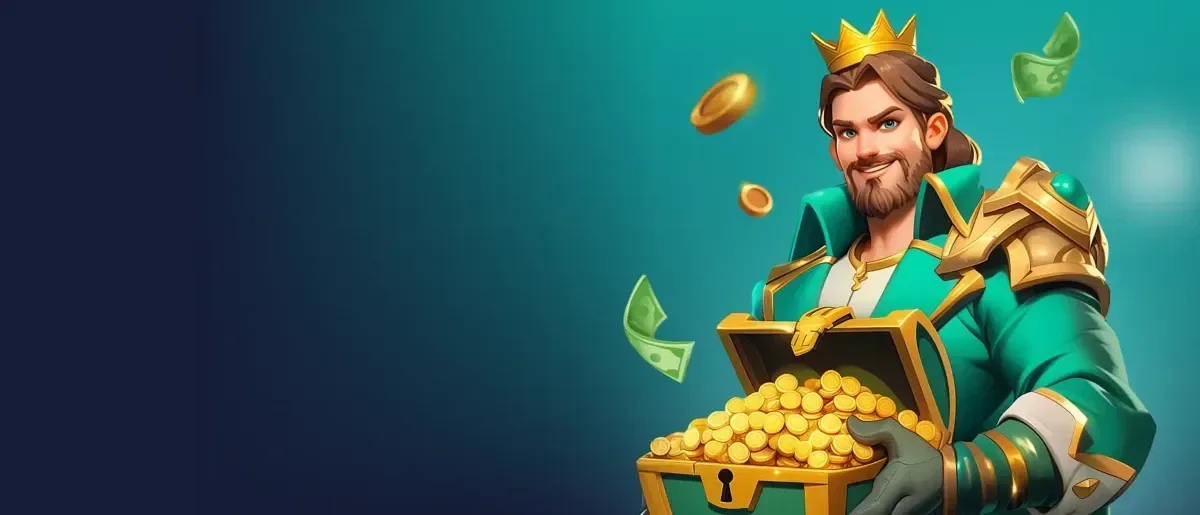 Getekende koning met gouden kroon en een schatkist vol gouden munten